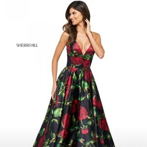 Sherri Hill Black and Red Rose Gown